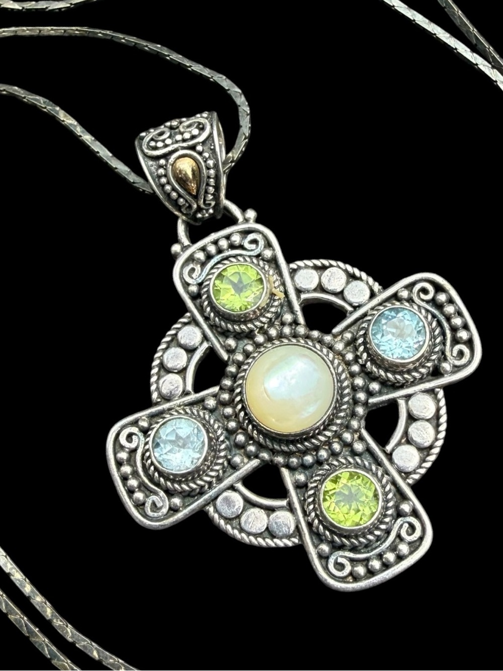 24” Sterling 925 18K Celtic Cross Suarti Bali Pendant Necklace MoP Topaz Peridot